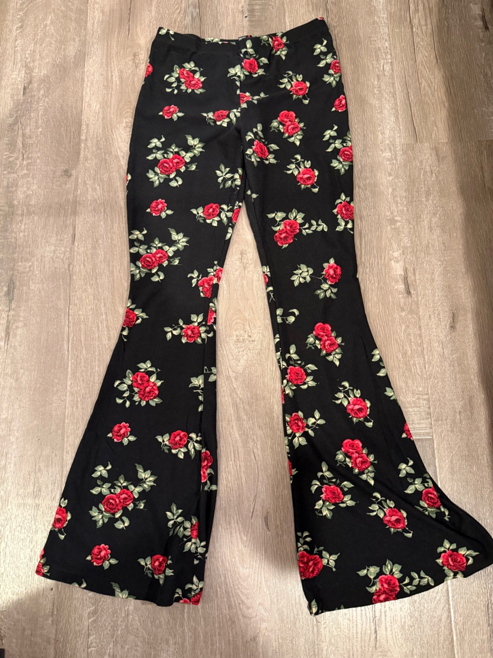 Forever 21 Black Wide Leg Pants with Red Rose Print